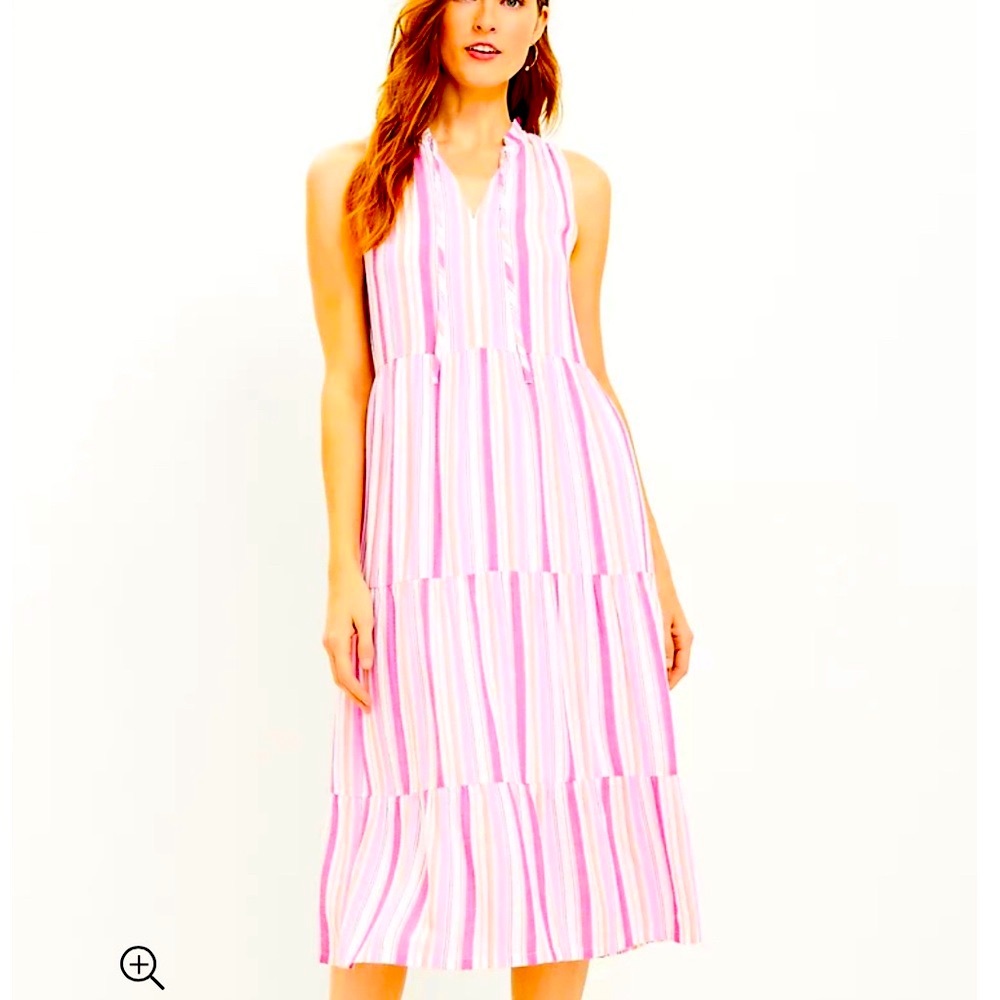 Loft Pink and White Striped Midi Dress